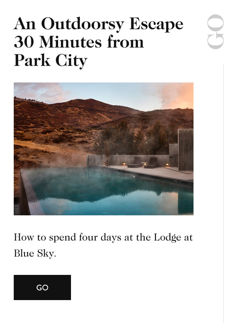 An Outdoorsy Escape 30 Minutes from Park City GO How to spend four days at the Lodge at Blue Sky. go