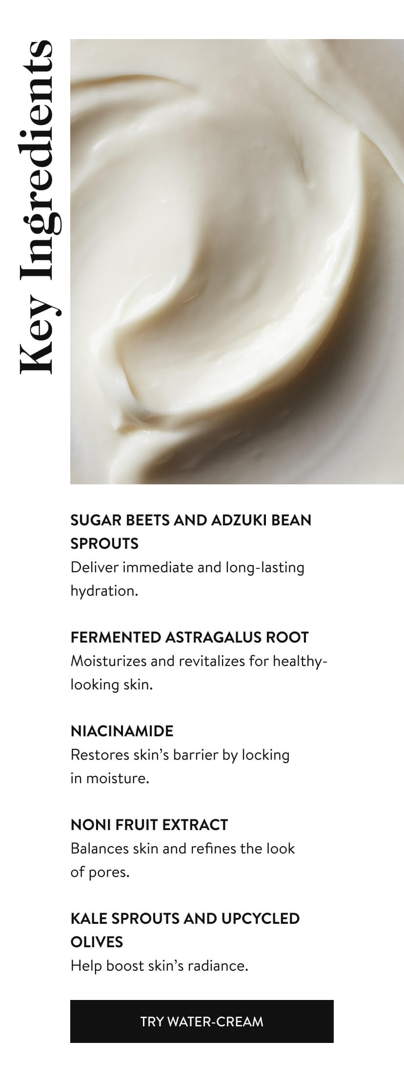 Key Ingredients. Sugar Beets and Adzuki Bean Sprouts. Fermented Astragalus Root. Niacinamide. Noni Fruit Extract. Kale Sprouts and Upcycled Olives. Try Water-Cream.