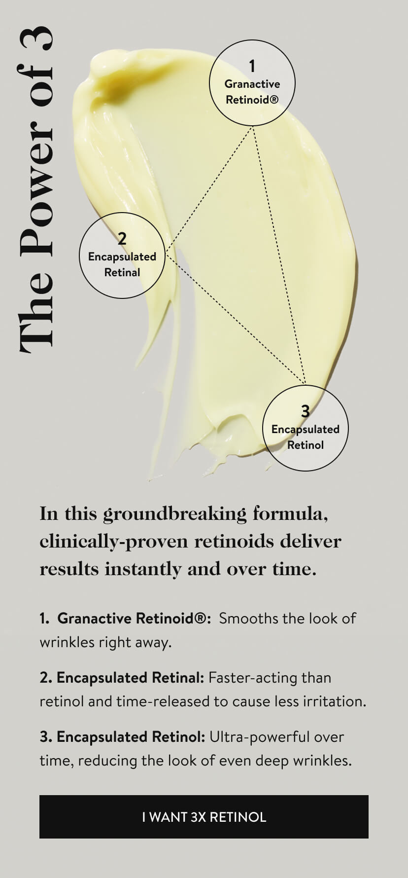 In this groundbreaking formula, clinically-proven retinoids deliver results instantly and over time. 1. Granactive Retinoid®: Smooths the look of wrinkles right away. 2. Encapsulated Retinal: Faster-acting than retinol and time-released to cause less irritation.3. Encapsulated Retinol: Ultra-powerful over time, reducing the look of even deep wrinkles. I want 3x Retinol