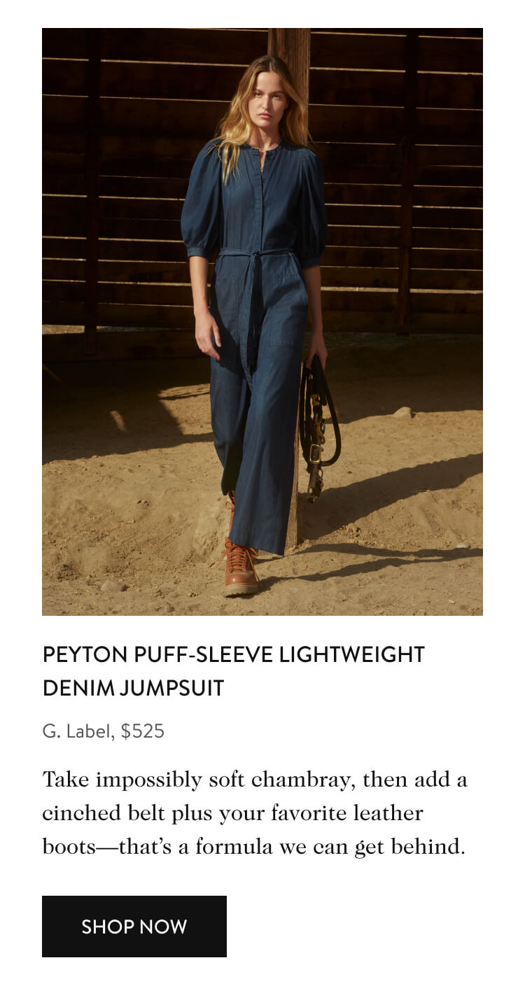 PEYTON PUFF-SLEEVE LIGHTWEIGHT DENIM JUMPSUIT G. Label, $525