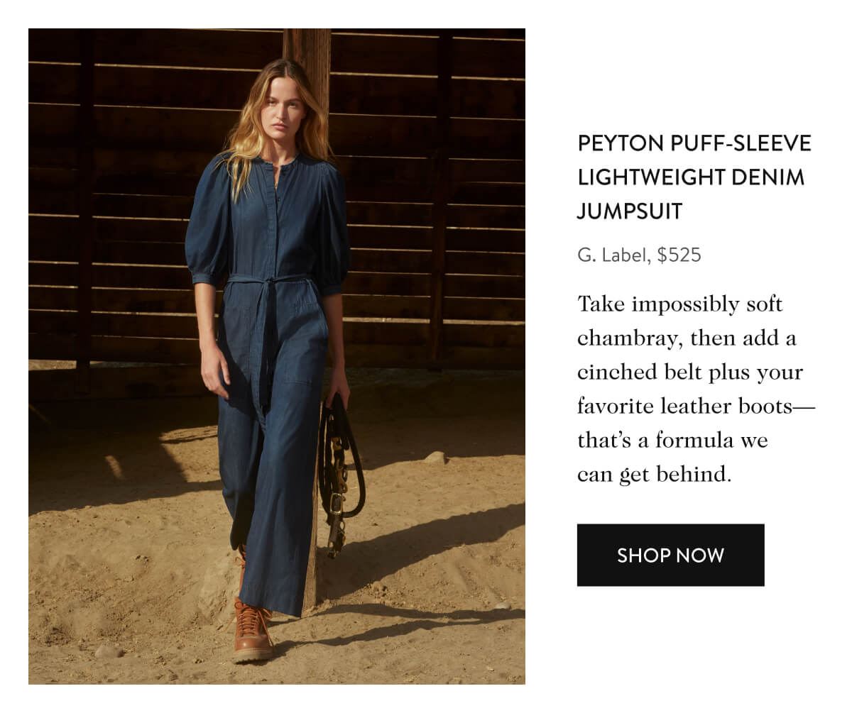 PEYTON PUFF-SLEEVE LIGHTWEIGHT DENIM JUMPSUIT G. Label, $525