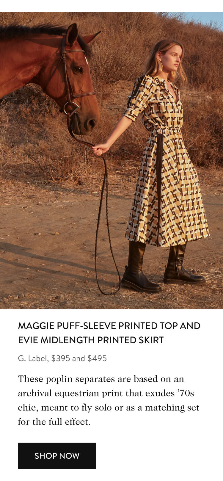 MAGGIE PUFF-SLEEVE PRINTED TOP AND EVIE MIDLENGTH PRINTED SKIRT G. Label, $395 and $495